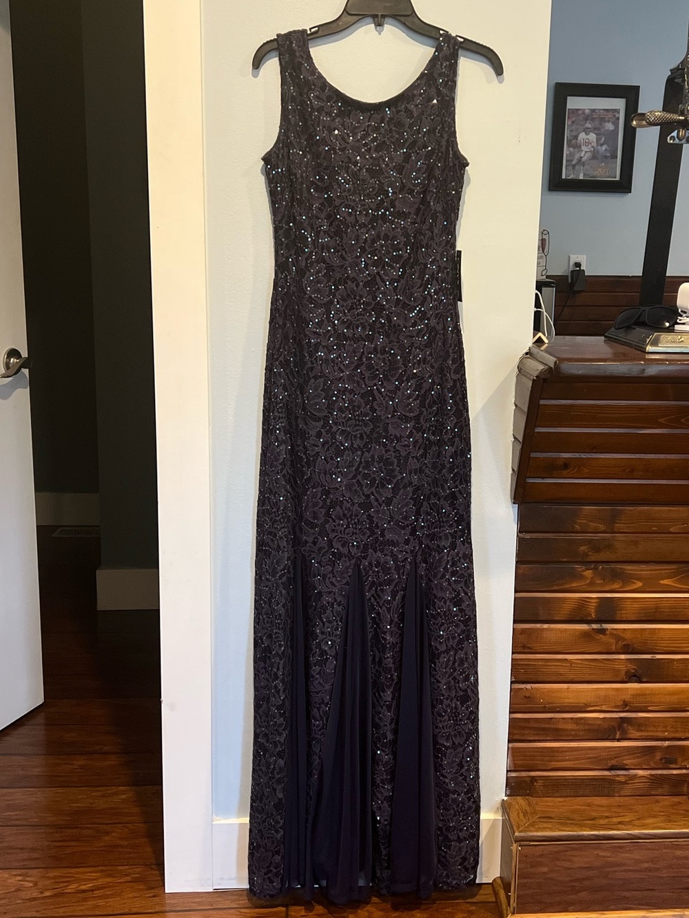 NWT Onyx Nite Size 4 Navy/Plum Blend Beaded Maxi Dress